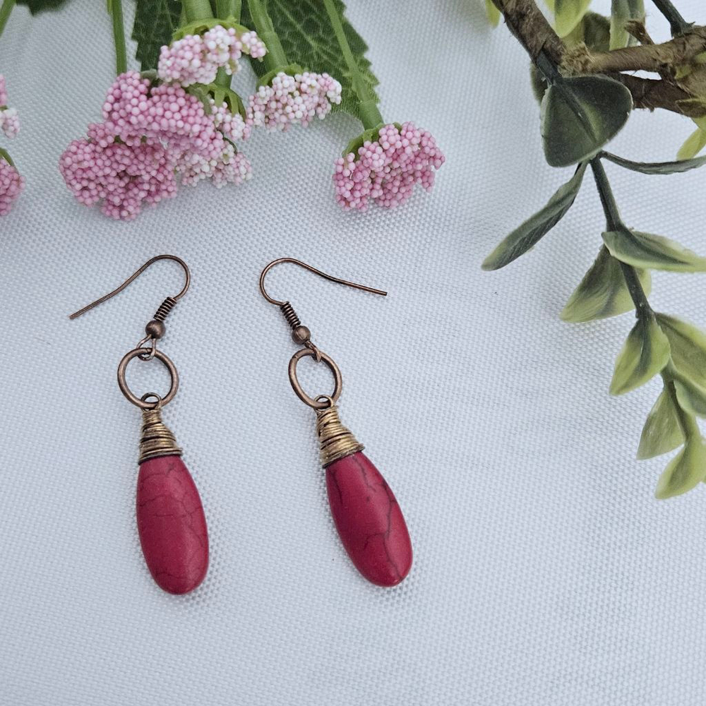 Red Turquoise Stone Dangle Earrings Rustic Copper